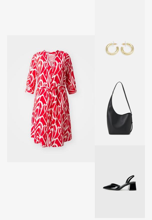 Raudona suknelė su balta abstrakčia raštų, V formos iškirpte, 3/4 rankovėmis, diržu talijoje ir plazdenančiu sijonu.; Juodos lakuotos odinės šlepetės su smailiu pirštu ir geometriniu bloko kulnu. Turi elegantišką, minimalistinį dizainą ir lygų paviršių.; Juodas odinis hobo maišas su lygiu paviršiumi, kreipta forma ir viena reguliuojama rankena; turi platų atidarymą viršuje.; Aukso auskarai su lygiu, blizgiu paviršiumi. Apvalus dizainas su maža užrakto dalimi ir skaidria atrama saugiam nešiojimui.