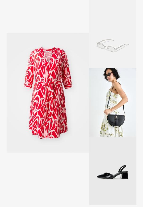 Piros ruha fehér absztrakt mintával, V-nyakkal, 3/4-es ujjakkal, derékon megkötő övvel és bővülő szoknyával.; Fekete lakk bőr szandálkés magas sarkú cipő, hegyes orral és geometrikus tömbsarkakkal. Karcsú, minimalista dizájn és sima textúra jellemzi.; Ovális szemüveg fém ezüst kerettel, átlátszó lencsékkel és texturált gyöngyös szárakkal. Könnyű kialakítás ívelt karokkal.; Fekete bőrtáska ívelt formával, levehető pánttal és arany színű fémrészekkel. A táskán egy csattal díszített fedél található.