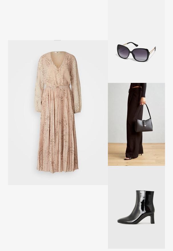 Μακρύ, πλισέ φόρεμα σε απαλό ροζ χρώμα με διακριτικό λεοπάρ μοτίβο, έχοντας βαθύ V-ντεκολτέ και μακρυά διαφανή μανίκια. Περιλαμβάνει ελαστική μέση.; Μαύρη πατενταρισμένη δερμάτινη μπότες αστραγάλου με μυτερή μύτη και μεσαίο τετράγωνο τακούνι. Λείος υφή και μινιμαλιστικός σχεδιασμός.; Μαύρα υπερμεγέθη γυαλιά ηλίου με κλειστή βαθμίδα φακού, παχιά σκελέτη και λεπτομέρειες από χρυσή αλυσίδα στις βραχίονες του σκελετού.; Μαύρη τσάντα χειρός με δομημένο σχήμα, λεία υφή και μεταλλικό κούμπωμα. Συνδυασμένη με φαρδιά μαύρα παντελόνια και σανδάλια ανοιχτής μύτης πάνω σε ξύλινο πάτωμα.