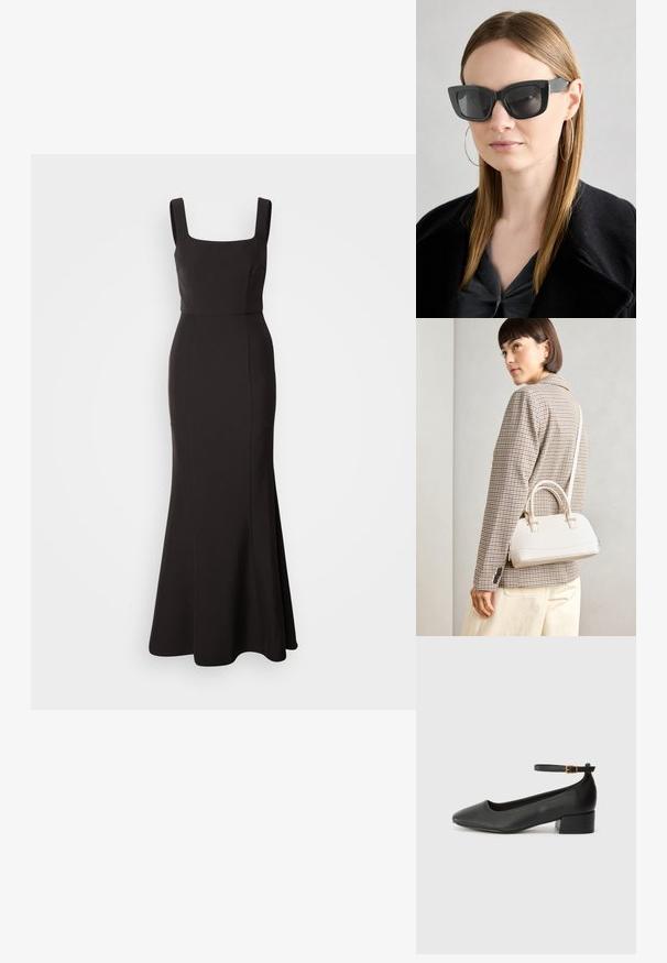 Fekete estélyi ruha négyzet alakú kivágással, széles pántokkal, testhezálló felső résszel és bővülő alsó résszel. Sima anyagból készült, minimalista dizájn.; Fekete bőr magassarkú cipő hegyes orral és alacsony tömb sarkal. Bokapánttal rendelkezik, aranyszínű csattal. Simább textúra.; Fekete macskaszem napszemüveg sötét lencsékkel, vastag kerettel és diszkrét díszítésekkel. Fekete kabátot és szürke felsőt visel, hosszú egyenes hajjal.; Fehér, strukturált kézitáska rövid füllel és vállpánttal, arany színű fém kiegészítőkkel és texturált anyagból, szürke háttér előtt bemutatva.