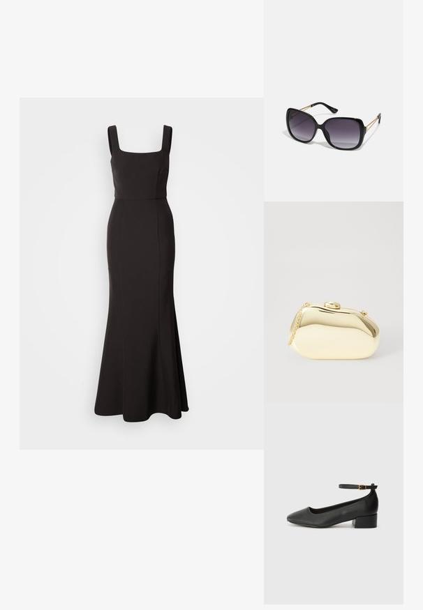 Fekete estélyi ruha négyzet alakú kivágással, széles pántokkal, testhezálló felső résszel és bővülő alsó résszel. Sima anyagból készült, minimalista dizájn.; Fekete bőr magassarkú cipő hegyes orral és alacsony tömb sarkal. Bokapánttal rendelkezik, aranyszínű csattal. Simább textúra.; Fekete, oversize napszemüveg fokozatos árnyalatú lencsékkel, vastag kerettel és arany színű lánc díszítéssel a szárakon.; Fémes arany színű kistáska sima, lekerekített formával, tetején gombos záródással és kis láncfogóval a hordozáshoz.