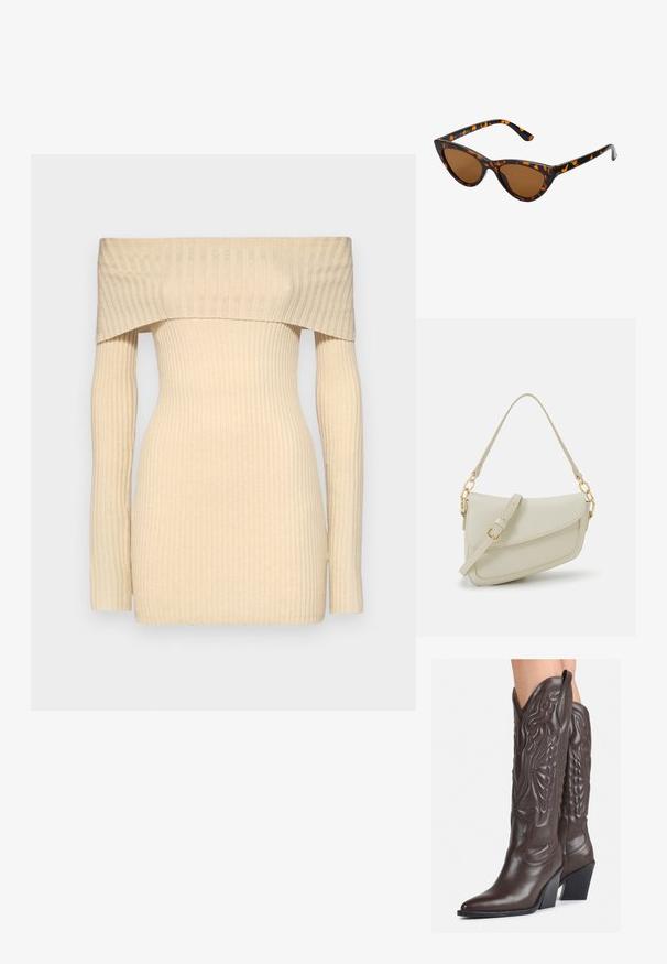 Off-Shoulder-Rippstrickpullover in hellem Beige, taillierter Schnitt mit langen Ärmeln, der eine glatte Textur und subtile vertikale Linien aufweist.; Braune Leder-Cowboy-Stiefel mit spitzem Punkt und Blockabsatz, die über detaillierte Stickereien und hervorgehobene Akzente am Schaft verfügen.; Katzenaugen-Sonnenbrille mit einem schwarz-orangenen Schildpattrahmen, braunen Gläsern und schlanken, spitzen Enden. Verfügt über ein minimalistisches Logo am Bügel.; Kleine cremefarbene Handtasche mit strukturiertem Finish, einem langen verstellbaren Tragegurt, einem Kettenakzent und einem Klappenverschluss. Goldene Hardware-Details.