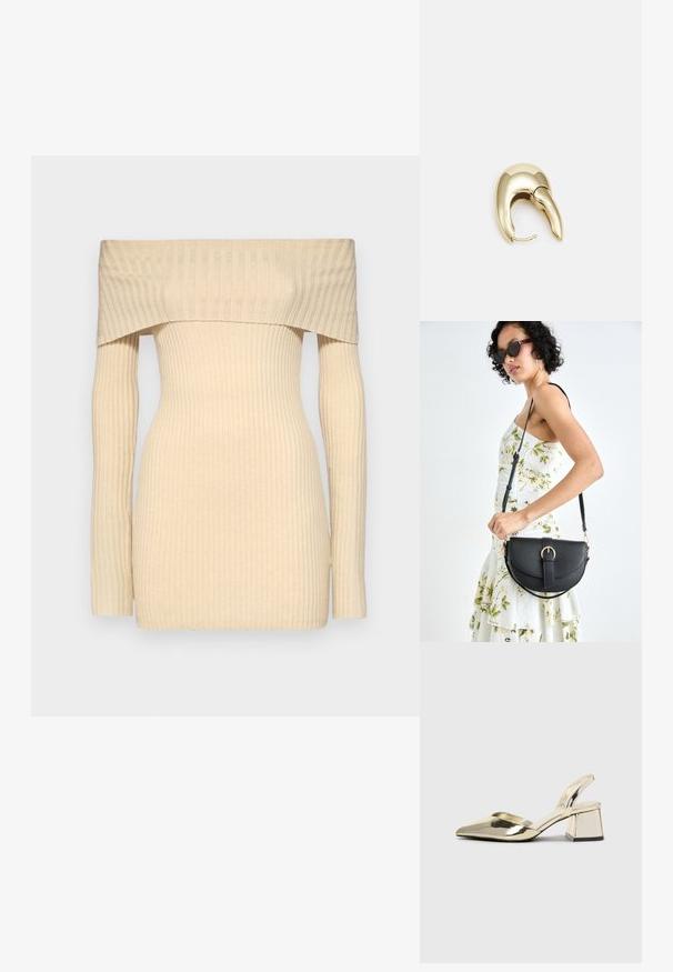 Off-the-shoulder ribbed sweater in light beige, fitted design with long sleeves, featuring a smooth texture and subtle vertical lines.; Gold, metallic slingback heels with a pointed toe and chunky heel. Smooth texture, minimalistic design, and a narrow strap.; Black leather handbag with a curved shape, detachable strap, and gold hardware. The bag features a flap with a buckle detail.; Gold-tone metal earring with a sleek, curved design. Features a distinctive pointed shape, polished surface, and hinge closure.