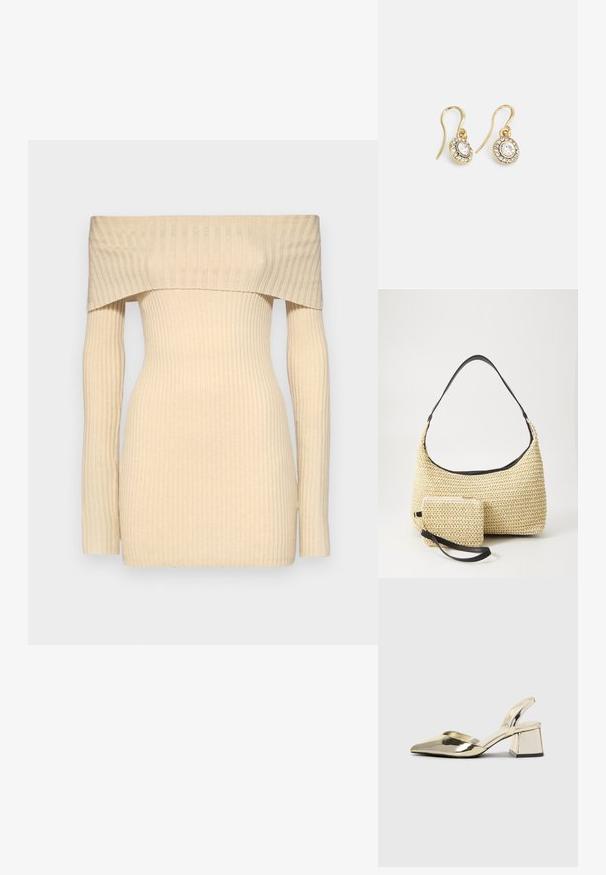 Svetre s odhalenými plecami v svetlo béžovej farbe, priliehavý strih s dlhými rukávmi, s hladkou textúrou a jemnými vertikálnymi líniami.; Zlaté kovové lodičky na podpätku so špicatou špičkou a robustným podpätkom. Hladký povrch, minimalistický dizajn a úzka remienok.; Tkaná slamenná kabelka s prehnutým siluetom, vybavená hladkým čiernym koženým popruhom a zodpovedajúcou malou taštičkou pripevnenou pomocou zápästného popruhu.; Náušnice zlatého odtieňa s oválnymi čírymi kryštáli obklopenými menšími čírými kameňmi, s háčikovým dizajnom pre bezpečné nosenie.
