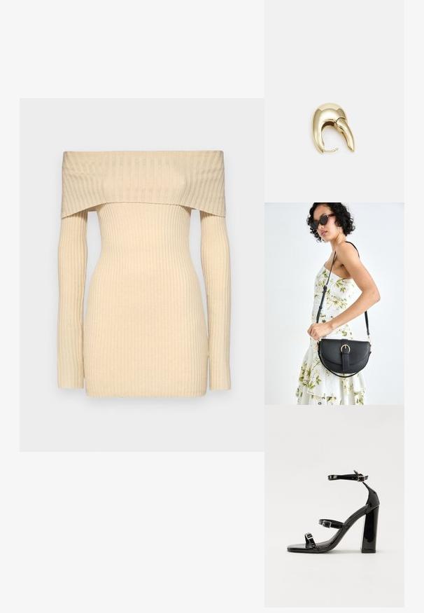 Off-the-shoulder ribota džemperis gaiši bēšā krāsā ar pieguļošu piegriezumu, garām piedurknēm, ar gludu tekstūru un smalkām vertikālām līnijām.; Melnas lakotas augstpapēžu čības ar kvadrāta purngalu, potīšu siksniņām un sudraba sprādzēm. Aprīkotas ar masīvu bloku papēdi stabilitātei.; Melnas ādas rokassoma ar izliekta formu, noņemamu siksnu un zelta aksesuāriem. Somai ir vāciņš ar sprādzes detaļu.; Zeltīti metāla auskari ar gludu, izliekta dizaina. Ar atšķirīgu smailu formu, pulētu virsmu un eņģu aizdari.