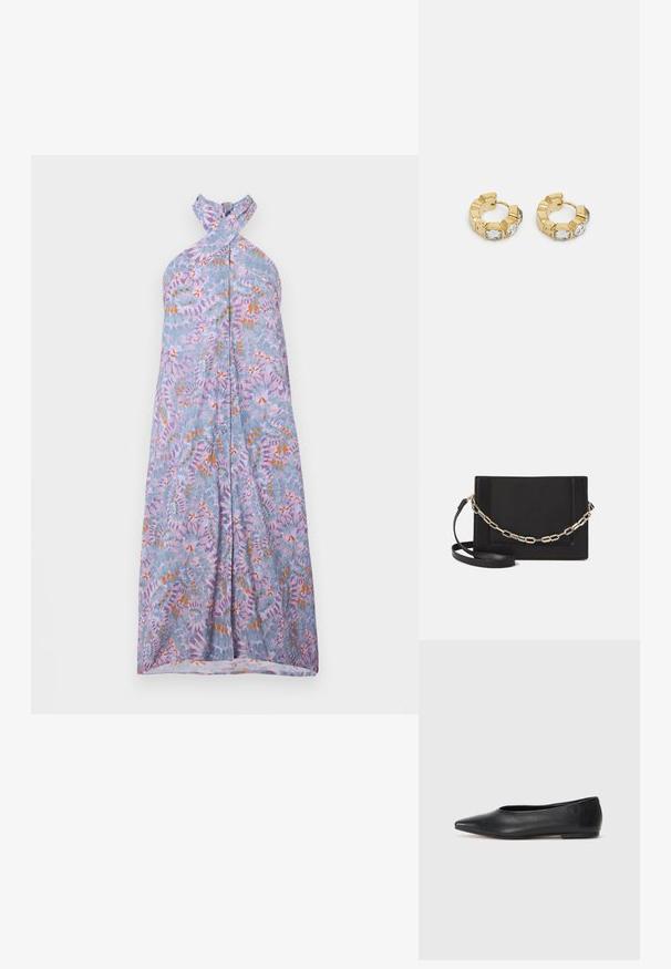 Abito lungo con design a collo all'americana in tessuto blu chiaro, caratterizzato da un motivo floreale in lavanda, arancione e verde. Dettaglio frontale con bottoni.; Ballerine in pelle nera, punta affusolata, design minimalista, texture liscia, tacco basso, senza hardware o decorazioni visibili.; Borsa a tracolla nera in pelle con una texture liscia, forma rettangolare e dettaglio in catena metallica sul davanti. Inclusa una tracolla regolabile.; Orecchini a cerchio in oro con un design testurizzato e tre accenti di cristalli trasparenti su un lato, che offrono un'estetica geometrica moderna.