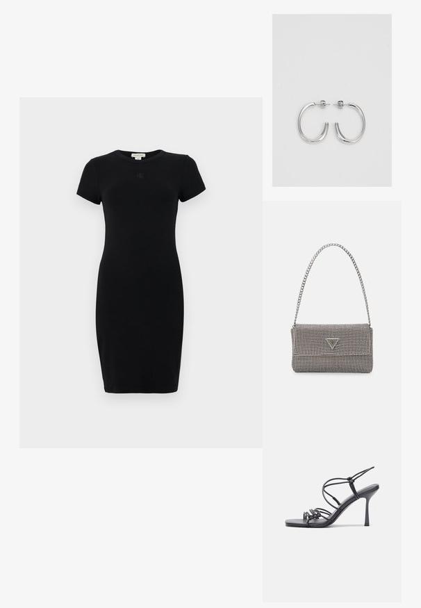 Fekete, testre simuló nyári ruha rugalmas pamutból, rövid ujjakkal és kerek nyakkivágással, a mellrészén egy kis logó részlettel.; Fekete magas sarkú szandálok vékony pántokkal, csomózott mintával, sima négyzetes orral és karcsú stiletto sarkal rendelkeznek.; Világosszürke fémes kézitáska lánc pánttal, kis kör alakú fém kifinomult díszítéssel és háromszög alakú márkagéppel.; Ezüst karika fülbevalók sima, fényes felülettel, ívelt formával és postazáras zárral. Minimalista, modern kivitel.