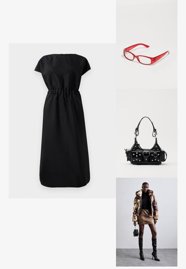 Black knee-length dress with short sleeves and gathered waist, shown from the back on a plain white background.; Puffer jacket with a brown and black pattern, paired with a brown snake print mini skirt, black knee-high boots, and a small black bag.; Red plastic eyeglasses with a rectangular frame, clear lenses, and slim arms. Brand logo "even&odd" is embossed on the temple.; Black leather handbag with a curved design, featuring silver studs, a buckle, and two side pockets. Adjustable strap for carrying options.