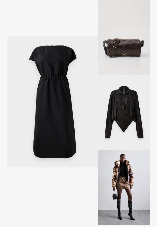 Musta polvipituinen mekko lyhyillä hihoilla ja rypistetty vyötärö, nähtynä takaa yksinkertaisella valkoisella taustalla.; Musta catsuit pitkillä hihoilla, V-pääntiellä ja tiukalla siluetilla. Valmistettu kiiltävästä, sileästä kankaasta, jossa on jämäkkä kaulus ja hihansuut.; Puffer-takki ruskealla ja mustalla kuviolla, yhdistettynä ruskeaan käärmeennahkakuosiseksi mini-hameeseen, mustiin polvimittaisiin saappaisiin ja pieneen mustaan laukkuun.; Ruskea krokotiilinkuosilla varustettu nahkalaukku, jossa on sylinterimäinen muoto, kultasävyiset yksityiskohdat ja irrotettava hihna, jossa on niittejä.