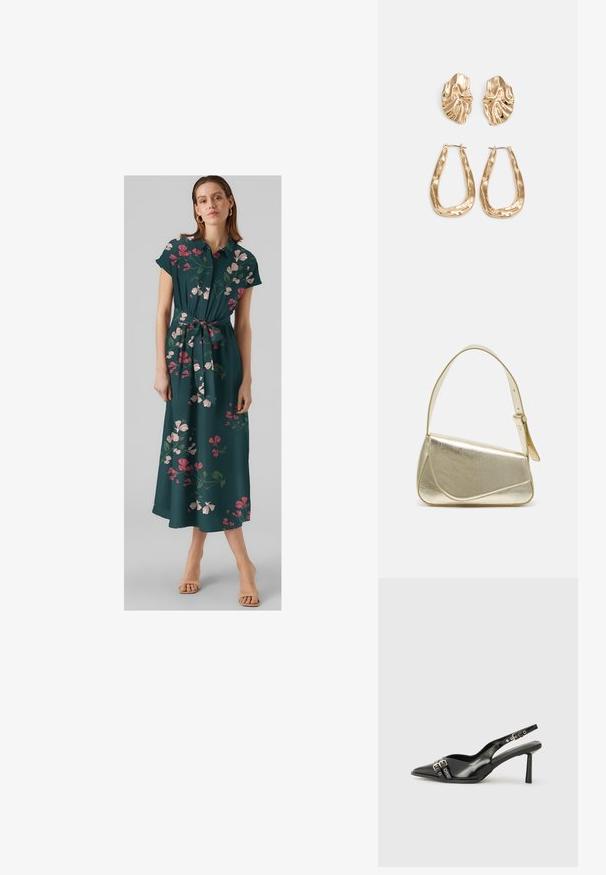 Sötétzöld, virágmintás maxi ruha, rövid ujjakkal, gombos elejével, derékpánttal, rózsaszín és fehér virágokkal, légies anyaggal.; Fekete lakk bőr, hegyes orrú slingback cipő, boka pántokkal, ezüst csatokkal és hardverelemekkel, valamint karcsú sarkú.; Arany fémes kézi táska, strukturált dizájnnal, sima felülettel és állítható pánttal. Egyedi háromszög alakú, minimalistának mondható varrásokkal rendelkezik.; Aranyszínű fülbevalók, texturált, hullámos formákkal. Tartalmazza a szobrászati klipszes studokat és az open hoop kialakítást, kalapácsos felülettel.