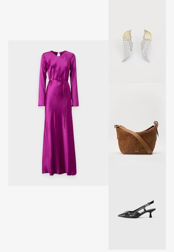 ML Monique Lhuillier MARIE LONG SLEEVE LONG DRESS - Proginė apranga - mulberry; Juodas odinis slingback tipo batai su smailiu priekiniu atvartu, dekoratyvinėmis sagtimis su metaliniais akyčiais ir žemu blokiniu kulnu. Saldus paviršius.; Ruda suedes pečių rankinė su išsiuvinėtu gėlės dizainu, papildyta lygiu ruduo odos diržu ir auksinės spalvos detalėmis.; Du vienodą formą auskarai, pagaminti iš sidabro spalvos metalo su skaidriais, apvalaus pjūvio cirkoniais ir auksinės spalvos metaliniais akcentais sluoksniuotame dizaino sprendime.