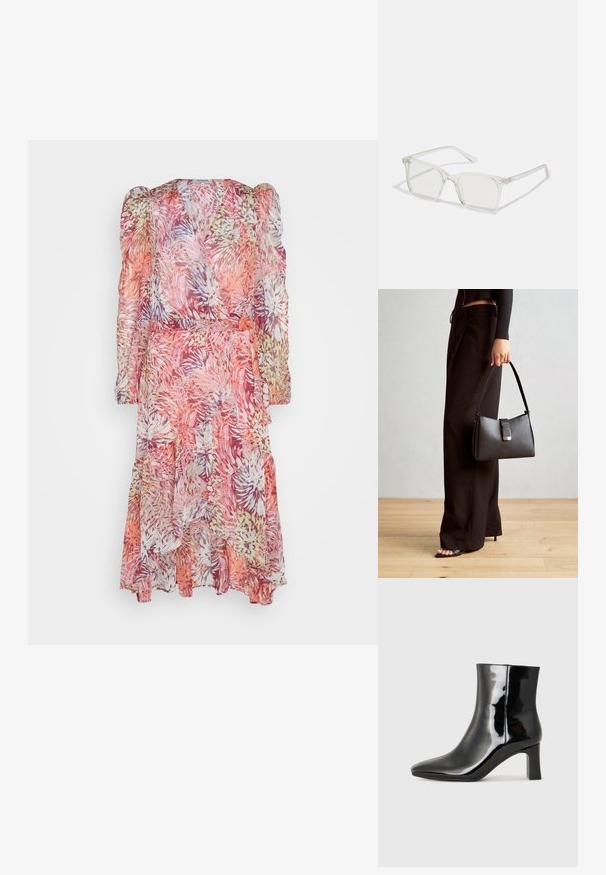 Robe fluide à fleurs dans des teintes de rose, orange et lavande ; manches longues à volants avec un ourlet froncé et une ceinture en tissu à la taille.; Bottines en cuir verni noir avec un bout pointu et un talon block de hauteur moyenne. Texture lisse et design minimaliste.; Lunettes carrées en plastique transparent avec des verres translucides, dotées d'accents dorés sur les branches pour plus de détails.; Sac à main noir à la forme structurée, texture lisse et fermoir métallique. Associé à un pantalon noir ample et des sandales ouvertes sur un sol en bois.