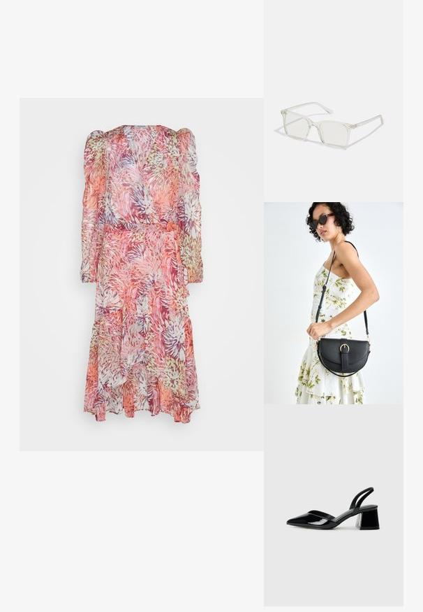 Kukkakuvioinen, läpikuultava kietaisumekko vaaleanpunaisen, oranssin ja laventelin sävyissä; pitkät puffihihat, jotka päättyvät röyhelöön, ja kangassolmu vyötäröllä.; Mustat patentoitu nahkakengät, joissa on säären takaosa ja terävä kärki, sekä geometrinen palikkakorko. Sisältää tyylikkään, minimalistisen muotoilun ja sileän pinnan.; Selkeä muovinen neliönmuotoinen kehyslasit, joissa on läpinäkyvät linssit ja kultaset mäntäraudat lisäämään yksityiskohtia.; Musta nahkainen käsilaukku, joka on kaareva muotoilultaan, irrotettavalla hihnalla ja kultaisilla yksityiskohdilla. Laukussa on läppä, jossa on solk yksityiskohta.