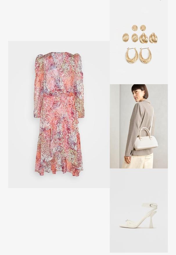 Blomsterprint, gjennomsiktig innpakningskjole i rosa, oransje og lavendeltoner; lange puffede ermer med volangkant og et stoffbelte i midjen.; Høyhælte sandaler med stropp i hvitt lær, med et stilrent design, gjennomsiktig blokkhæl og et dekorativt element ved tåen.; Hvit strukturert håndveske med korte håndtak og skulderreim, med detaljer i gullfinish og teksturert materiale, vist mot en grå bakgrunn.; Øreringer i gullfarge med tre par: teksturerte ovale studs, bølgete design-studs, og store hoops med lagdelte kanter.