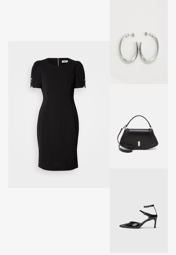 Svart klänning med en figurnära siluett, korta puffärmar och dekorativa guldfärger. Har en dragkedja i ryggen och ett mjukt, texturerat tyg.; Svarta lackskinnshälar med spetsig tå, justerbara ankelremmar och en smal klack. Slät textur med en glänsande yta.; Svart läderhandväska med en strukturerad design, som har en avskuren form, ett handtag upptill och guldiga detaljer. Justerbar axelrem ingår.; Silverfärgade hoopsörhängen med en slät, böjd design. Har en glänsande metallisk yta och ett stiftlås. Inga synliga mönster eller detaljer.