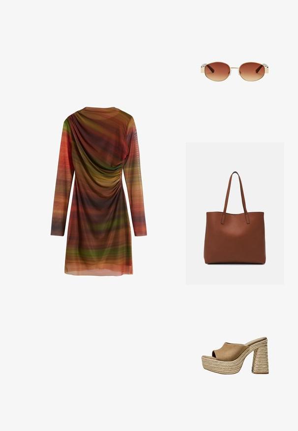 Robe à manches longues en tissu léger avec des rayures horizontales multicolores dans des nuances de vert, orange et marron; présente des détails froncés.; Mules en suède marron à plateforme avec une ouverture à l'avant, présentant un talon en jute tressé épais et un design supérieur lisse et arrondi.; Des lunettes de soleil rondes avec une monture en métal doré, des verres dégradés bruns, des accents en plastique transparent sur les côtés et des branches à motif brun.; Sac fourre-tout en cuir marron avec une texture lisse, design à ouverture supérieure et deux poignées pour le porter à l'épaule. Présente des coutures minimales et aucun matériel visible.
