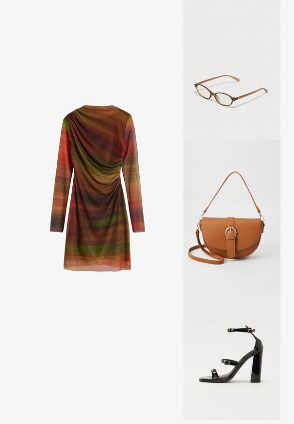Pitkähihaista mekkoa, joka on valmistettu kevyestä kankaasta, jossa on monivärisiä vaaleita raitoja vihreän, oranssin ja ruskean sävyissä; siinä on rypytettyjä yksityiskohtia.; Musta kiiltävä korkokenkä sandaalit neliönmuotoisella varpaalla, nilkkaremmillä ja hopeisilla soljilla. Varustettu tukevalla lohkokorkealla vakauden takaamiseksi.; Ruskeat kilpikonnaruutulasiset silmälasit, joissa ovaalit linssit, ohuet varret ja läpinäkyvät yksityiskohdat. Temppeleissä on huomaamaton logo. Suunnittelultaan suora ja kevyt.; Ruskean nahkainen olkalaukku, jossa on kaareva muoto, kultaiset yksityiskohdat ja solkiyksityiskohta. Varustettu irrotettavalla olkahihnalla.