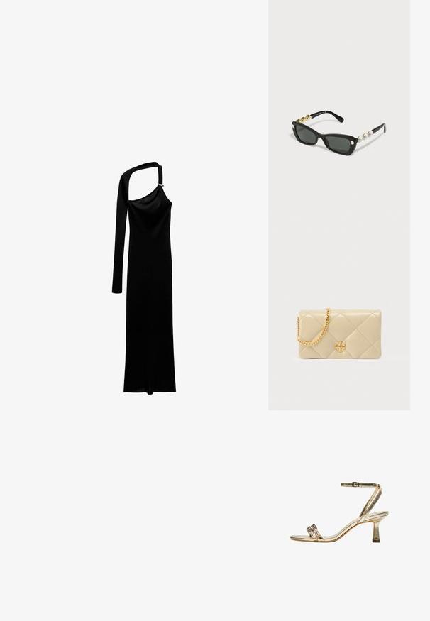Mango NAPOLI - Maxikleid - black; Goldene metallische Sandalette mit Absatz, Knöchelriemen, zwei schmalen vorderen Bändern und Blockabsatz. Mit dekorativen Verzierungen.; Swarovski Sonnenbrille - black; Beige gestepptes Lederhandtasche mit goldenem Kettenriemen und Logoakzent auf der Vorderseite. Glatte Textur mit diamantförmiger Steppung.