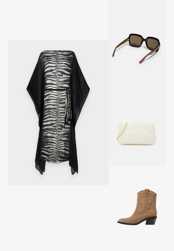 Schwarzer Kaftan mit silbernem Zebra-Streifenmuster, leichtem Stoff, weiten Ärmeln und gebundenem Taillendetail. Schlichtes, fließendes Design.; Braune Wildleder-Westen-Stiefelette mit spitzem Zeh, besticktem Design und einem niedrigen, gestapelten schwarzen Absatz. Mit Zuglaschen für einfaches Anziehen.; Schwarze übergroße Sonnenbrille mit braunen Gläsern. Merkmale sind einzigartige gestreifte Bügel in Grün und Rot sowie goldene Hardware-Akzente. Quadratische Form.; Weiße, strukturierte Clutch mit einem gerafften Design, ausgestattet mit einem goldenen Kettenriemen. Glatte Oberfläche mit subtilen Wellen und abgerundeten Kanten.