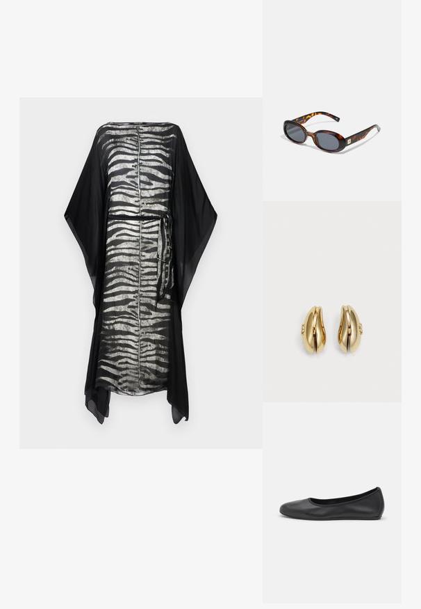 Mustmust rästas musta kaftan hõbedaste zeebra riba mustritega, kerge kangas, laiad varrukad ja seotud vöö detail. Lihtne, voolav disain.; Musthave mustika tantsutossud mustast nahast, ümmarguse varbaga, siledast tekstuurist, minimaalse õmblusdetailiga ja paindliku tallakujundusega.; Pruunid kilpkonnakujudega prillid ovaalsete läätsedega ja tumeda halli tintimisega. Omab kuldse tooni aktsenti templitel. Sujuva plastikutekstuuriga.; Kuldtooni kõrvarõngad voolava ja kõvera disainiga. Igal kõrvarõngal on sile pind ja väike klamber dekoratiivse detailiga.