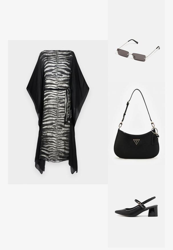 Kaftan negru cu un model de dungi de zebre argintii, material ușor, mâneci largi și detalii cu talie legată. Design simplu și fluid.; Cizme cu toc slingback din piele sintetică lacuită neagră, cu vârful ascuțit, un design cu decupaj rotunjit și toc bloc. Include un accent cu cataramă de culoare aurie.; Ochelari de soare cu lentile dreptunghiulare, gri închis, rame din metal argintiu și vârfuri din plastic negru pe brațe. Design ușor, cu pad-uri pentru nas.; Geantă de umăr sintetică neagră cu o siluetă curbată, finisaj texturat, logo triunghiular aurie și accente hardware detașabile.