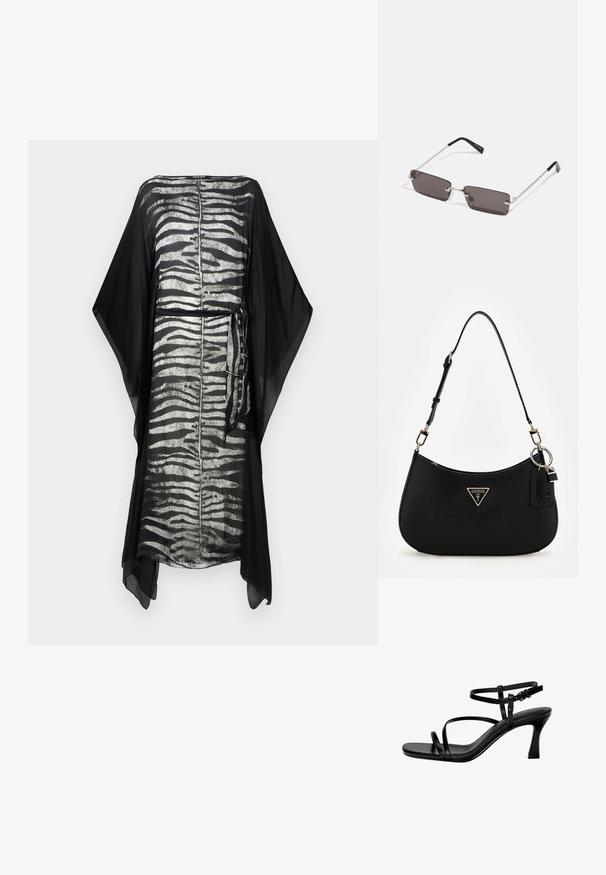 Čierny kaftan so strieborným zebrovým prúžkom, vyrobený z ľahkej tkaniny, s voľnými rukávmi a detailom na viazanie v oblasti pása. Jednoduchý, voľne tečúci dizajn.; Čierne kožené sandále na podpätku s tenkými remienkami, štvorcovou špičkou a ihlovým podpätkom. Nastaviteľný remienok okolo členku pre lepšie prispôsobenie. Hladký povrch.; Slnečné okuliare s obdĺžnikovými, tmavosivými sklami, striebornými kovovými rámami a čiernymi plastovými koncami na rúčkach. Ľahký dizajn s nosovými podložkami.; Čierna syntetická plecnička s oblým siluetom, textúrovaným povrchom, zlatým trojuholníkovým logom a odnímateľnými kovovými detailmi.