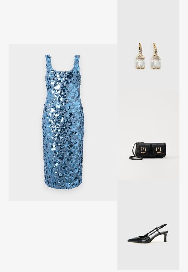 Sukienka cekinowa w jasnoniebieskim kolorze, o dopasowanym kroju, kwadratowym dekolcie i ramiączkach, ozdobiona błyszczącymi niebieskimi i srebrnymi cekinami.; Czarne lakierowane czółenka na obcasie typu slingback z wąskim noskiem, z teksturowanym wzorem wężowym, regulowanym paskiem oraz krótkim, teksturowanym obcasem w kształcie słupka.; Czarna skórzana torba na ramię z dwoma przednimi kieszeniami, złotymi klamrami, zamkiem błyskawicznym i cienkim paskiem. Teksturowana powierzchnia i kompaktowy prostokątny kształt.; Złote kolczyki z prostokątnym, przezroczystym kryształem zwisającym poniżej rzędu małych, okrągłych, przezroczystych akcentów. Elegancki, nowoczesny design.