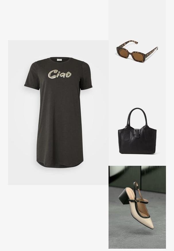 ONLY Carmakoma CARMICALA O NECK DRESS - Φόρεμα ημέρας - phantom; Μπέζ παπούτσι slingback με尖 ρεύμα και μαύρη διακοσμητική λεπτομέρεια, χρυσό κούμπωμα και χοντρό τακούνι σε γκρι δάπεδο με σκούρο πράσινο φόντο.; Γυαλιά ηλίου από καβουρδισμένο κέλυφος με στρογγυλό, χοντρό σκελετό και καφέ φακούς. Διαθέτουν διακριτά σχέδια και ευθείες, κομμένες βραχίονες.; Μαύρη δερμάτινη τσάντα tote με λείο υφή, δομημένο σχήμα, δύο λαβές και επιφανές ασημένιο κούμπωμα μπροστά.