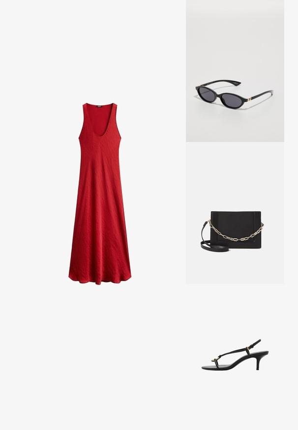 Rotes ärmelloses Kleid mit tiefem V-Ausschnitt, aus strukturiertem Stoff. Fällt sanft von der Taille und schafft eine entspannte Silhouette.; Schwarze Leder-Kitten-Heel-Sandale mit dünnen Riemen, goldener Schnalle und minimalistischer Zehen-Schlaufe vor einem weißen Hintergrund.; Schwarze Sonnenbrille mit ovalen Gläsern, dunklem Verlaufstönung und schlanken Bügeln mit dezenten goldenen Akzenten. Glatte Kunststoffoberfläche.; Schwarze Leder-Crossbody-Tasche mit glatter Textur, rechteckiger Form und metallic-kettendetail auf der Vorderseite. Verstellbarer Gurt inklusive.