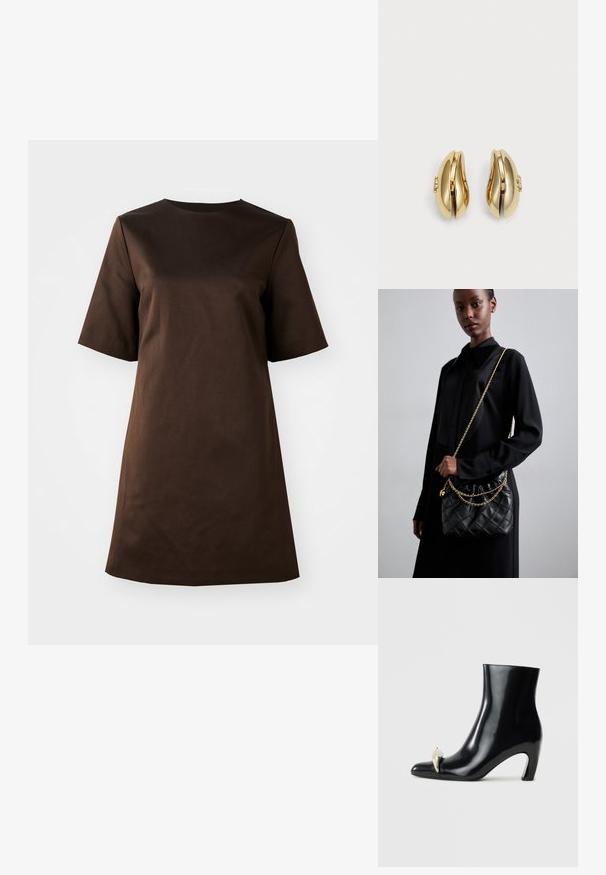 Brūns īsām piedurknēm kleita ar apaļu kaklu un brīvu piegriezumu, izgatavota no gludas auduma, ar vienkāršu, minimālistisku dizainu.; Melnas potītes zābaki, izgatavoti no spīdīgas ādas, ar smailu purngalu un dekoratīvu zelta un sudraba akcentu priekšpusē. Bloka papēža dizains.; Melna kvadrātveida ādas rokassomiņa ar salocītu augšu, zelta ķēdes siksnu un taisnstūra formu, turēta pret vienkāršu fona.; Zelta tonis auskari ar plūstošu, izliekta dizaina formu. Katrs auskar ir ar gludu virsmu un nelielu aizdari ar dekoratīvu detaļu.