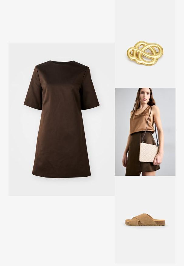 Ruskea lyhythihainen mekko, jossa on pyöreä kaula-aukko ja rento istuvuus, valmistettu sileästä kankaasta, sisältäen yksinkertaisen, minimalistisen muotoilun.; Suihkekangas ristiristilä slide-sandaalit vaaleanruskeana, joissa on korkkipäällysteinen pohja ja teksturoitu kumipohja. Sandalissa on litteä muotoilu ja leveä istuvuus.; Vaaleanbeige olkalaukku, jossa on teksturoitu pinta ja timantin muotoinen kuvio. Laukussa on pitkä, säädettävä hihna. Sileäpintainen, suorakulmainen muoto.; Kultasävyinen rinnaneula, jossa on solmittu muotoilu, sileät, kaarevat viivat ja monimutkainen muoto, heijastaen kiiltävää pintaa.