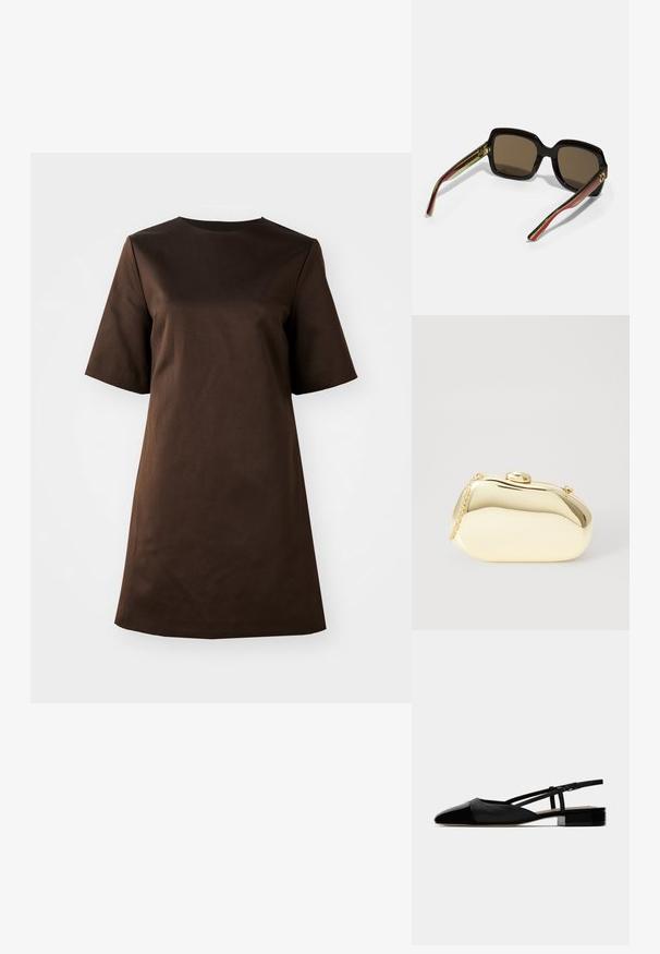 Brown short-sleeve dress with a round neck and a loose fit, made of smooth fabric, featuring a simple, minimalistic design.; Black leather slingback flats with a pointed toe, closed vamp, and adjustable ankle strap. Features a low, square heel. Smooth texture.; Black oversized sunglasses with brown lenses. Features unique striped arms in green and red, and gold hardware accents. Square shape.; Metallic gold clutch with a smooth, rounded shape, featuring a top button clasp and a small chain strap for carrying.