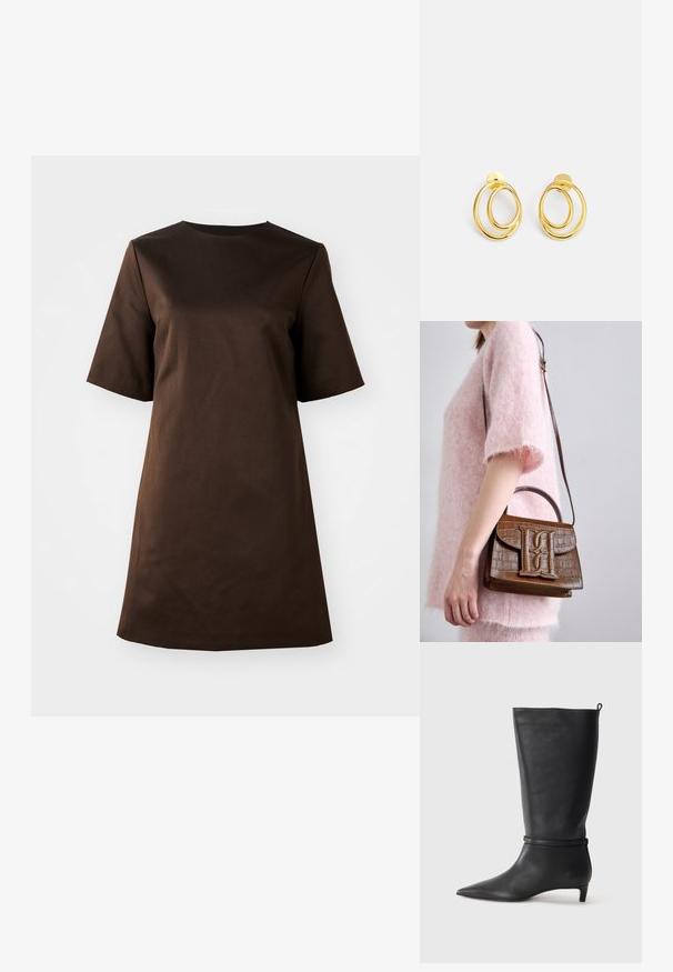 Robe marron à manches courtes avec un col rond et une coupe ample, fabriquée en tissu doux, présentant un design simple et minimaliste.; Botte noire en cuir, montant jusqu'au genou, avec un bout pointu, accentuée par une sangle circulaire autour de la cheville et un petit talon effilé. Texture lisse.; Sac à main en cuir d'alligator brun avec une poignée supérieure et une bandoulière. Présente un logo proéminent sur le rabat avant. Texture douce.; Boucles d'oreilles en or rose en forme de créoles avec deux formes circulaires entrelacées, finition lisse et fermoir à clou pour un port sûr.