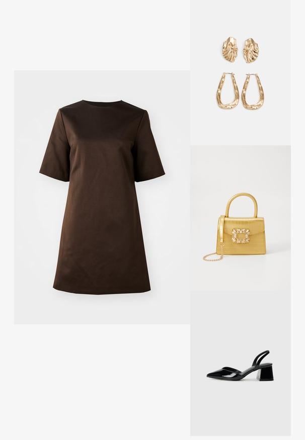 Bruine jurk met korte mouwen, een ronde hals en een losse pasvorm, gemaakt van een gladde stof, met een eenvoudig, minimalistischer ontwerp.; Zwarte gepatineerde leren slingback hakken met een spitse neus en een geometrische blokhak. Kenmerkt zich door een slank, minimalistisch ontwerp en een gladde textuur.; Geel faux-krokodillenhandtas met een gestructureerd ontwerp, bovenhandvat, afneembare kettingriem en decoratieve kristallen versiering op de sluiting.; Gouden oorbellen met een getextureerd, golvend ontwerp. Bevat sculpturale clip-on studs en een open ringontwerp met een gehamerd oppervlak.