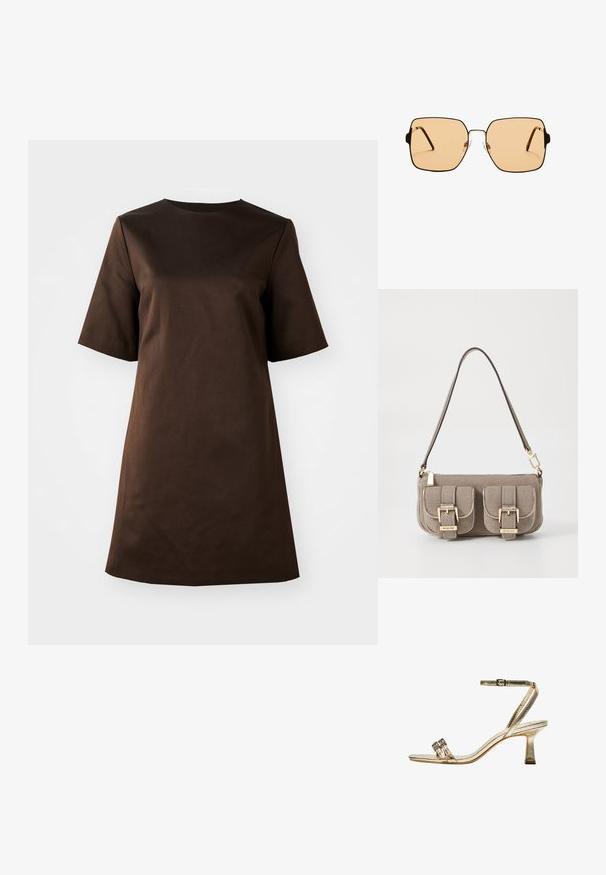 Hnedé šaty s krátkym rukávom, okrúhlym výstrihom a voľným strihom, vyrobené z hladkej tkaniny, s jednoduchým, minimalistickým dizajnom.; Zlaté kovové sandále na vysokom podpätku s popruhom okolo členka, dvoma úzkymi prednými pásmi a blokovým podpätkom. Obsahuje dekoračné ozdoby.; Štvorcové slnečné okuliare s hnedými sklami a tenkým čiernym kovovým rámom. Vlastnosti zahŕňajú šikmé ramienka a nastaviteľné nosové podložky pre väčšie pohodlie.; Bežová taška s textúrou a nastaviteľným popruhom, dve predné vrecká zabezpečené prackami a zlaté kovové prvky. Zips na vrchu.