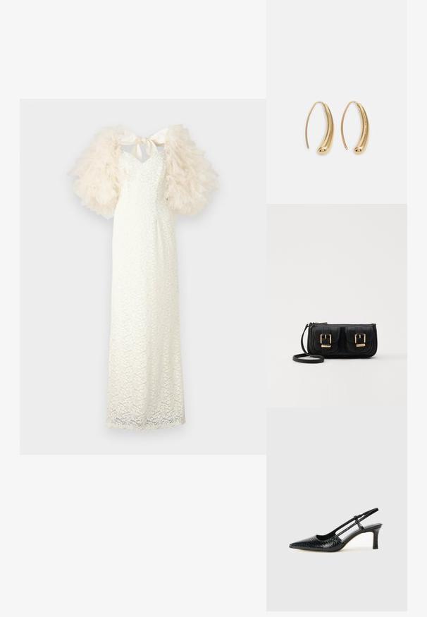 Csipkés ruha törtfehér színben, testhezálló fazonnal, ballon tüll ujjakkal és hátul szalaggal. Texturált csipke mintázattal az egész felületen.; Fekete lakk slingback sarok, hegyes orral, texturált kígyómintával, állítható pánttal és rövid, texturált tömbsarkal.; Fekete bőr keresztbody táska két elülső zsebbel, arany csattokkal, cipzáras záródással és vékony pánttal. Textúrált felület és kompakt téglalap alak.; Aranyszínű fémből készült karika fülbevalók ívelt, hosszúkás formával. Simaságával és fényes felületével, valamint lekerekített végével további részletekkel bővül.