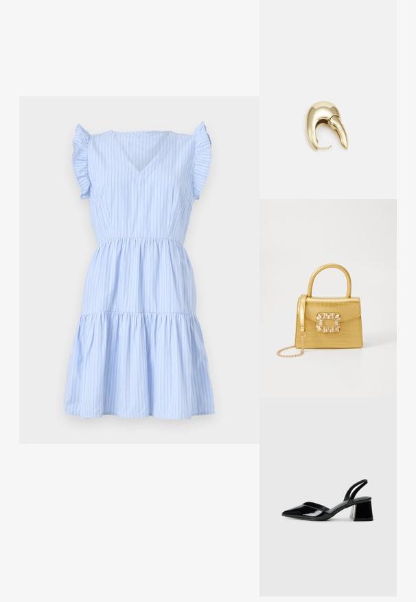 Rochie bleu deschis cu dungi, cu decolteu în V, mâneci scurte cu volane, talie ajustată și fustă în straturi. Fabricată dintr-un material moale și ușor.; Pantofi cu toc slingback din piele lacuită neagră, cu vârf ascuțit și toc geometric. Prezintă un design elegant, minimalist și o textură netedă.; Geantă galbenă din faux-crocodil cu un design structurat, mână superioară, curea detașabilă cu lanț și embellisment decorativ cu cristale pe închidere.; Cercei din metal de culoare aurie cu un design elegant și curbat. Prezintă o formă distinctivă, ascuțită, o suprafață lustruită și un sistem de închidere cu balama.