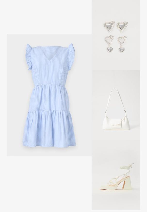 Šviesiai mėlyna dryžuota suknelė su V formos iškirpte, trumpomis volanų rankovėmis, prigludusia liemene ir sluoksnių sijonu. Pagaminta iš minkštos, lengvos medžiagos.; Balti aukštakulniai sandalai su masyviu kulnu, su dirželių dizainu ir kulkšnies raiščiu. Lygi tekstūra su platforma priekyje, suteikianti papildomą aukštį.; Balta sintetinė rankinė trikampio formos, plokščiu priekiu su užsegimu, kaspino detale, reguliuojama dirželiu, lygia tekstūra ir minimalistišku dizainu.; Sidabrinės širdelės formos auskarai puošti facetuotais skaidriais akmenimis, su tekstūruotu rėmu. Rinkinį sudaro tiek auskarai-stud, tiek kabančios formos.