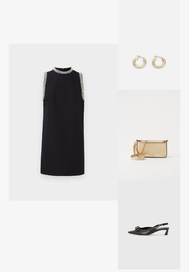 Abito nero senza maniche con scollatura alta, caratterizzato da dettagli in perline decorate sulle spalle. Tessuto liscio con una silhouette dritta.; Scarpa slingback in pelle nera con punta affusolata, tacco basso e dettaglio decorativo a fibbia sulla parte superiore. Texture liscia, design minimalista.; Clutch in pelle oro metallizzato con finitura testurizzata, dotata di una tracolla in catena dorata e di una tracolla rimovibile. Logo del marchio impresso.; Lauren Ralph Lauren BASIC SMALL HOOP - Orecchini - gold-coloured