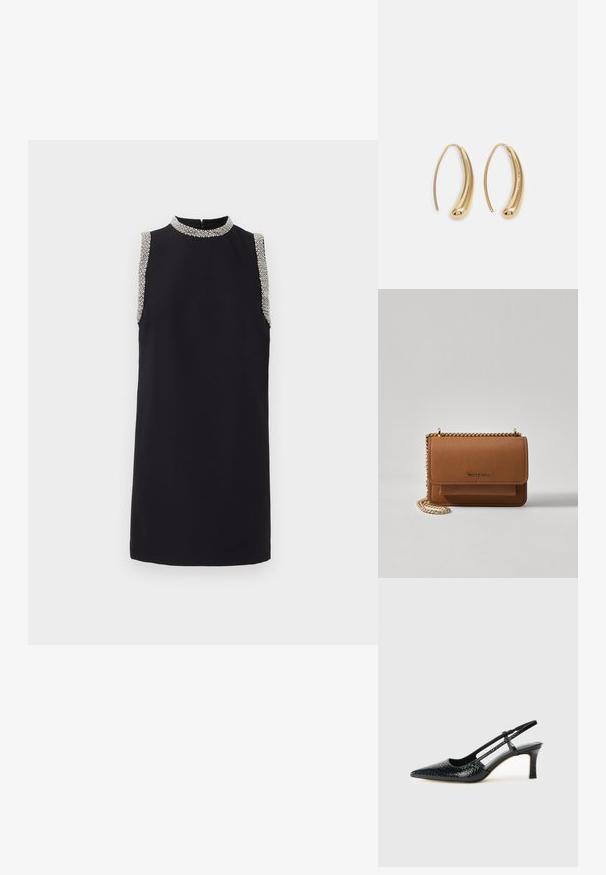 Mustamata varrukateta kleit kõrge kaelusega, millel on kaunistatud helmeaktsendid õlgadel. Sile kangas ja sirge siluett.; Mustmust paelad, millel on terav varvas, tekstuuriga maduprindiga, reguleeritav rihm ja lühike tekstuuriga plokknina.; Pruun tekstureeritud nahk ristkeha kott kuldse ahelaga rihmaga ja klapiga sulgemine. Esiküljel on logo detail ja tasku klapi all.; Kuldtoonilised metallist rõngas kõrvarõngad, millel on kõver ja piklik kuju. Omavad siledat, läikivat pinda ja ümarat tipptugevdust, mis lisab detaili.