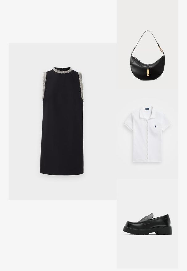 Ujjatlan fekete ruha magas nyakkivágással, díszes gyöngyökkel díszített vállakkal. Simább anyag, egyenes sziluettel.; Fehér, rövid ujjú pólóing, pamutból készült, gombos elülső része és egy kicsi kék logó található a bal mellen.; Fekete bőr loaferek, vastag, texturált talppal, egy pánttal a lábujj részen és sima, polírozott felülettel.; Fekete bőr kézitáska félhold alakú formában. Aranyszínű fémrészekkel és keskeny pánttal rendelkezik. Simább felület, cipzáras záródás a tetején.