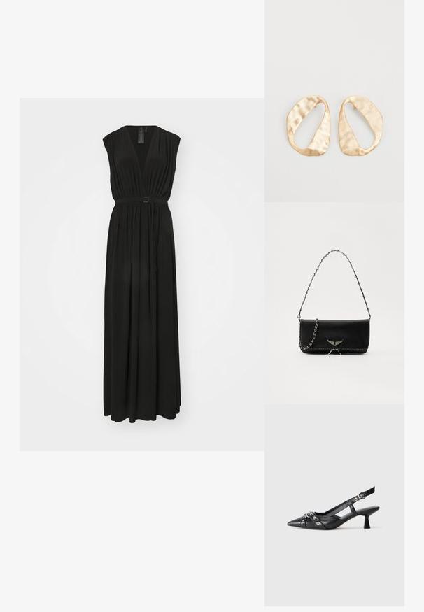 Vestido maxi preto com um decote profundo em V, mangas curtas e cintura ajustada, apresentando um cinto com uma fivela metálica redonda. Tecido suave e fluído.; Sapato slingback em couro preto com biqueira fina, tiras decorativas com ilhós de metal e um pequeno salto quadrado. Superfície texturizada.; Saco de couro preto com uma alça de corrente prateada, apresentando ornamentos em forma de asas e costura branca ao longo da costura inferior.; Par de brincos irregulares em forma oval, feitos de metal dourado, com uma superfície texturizada e ligeiramente martelada, sobre um fundo branco.