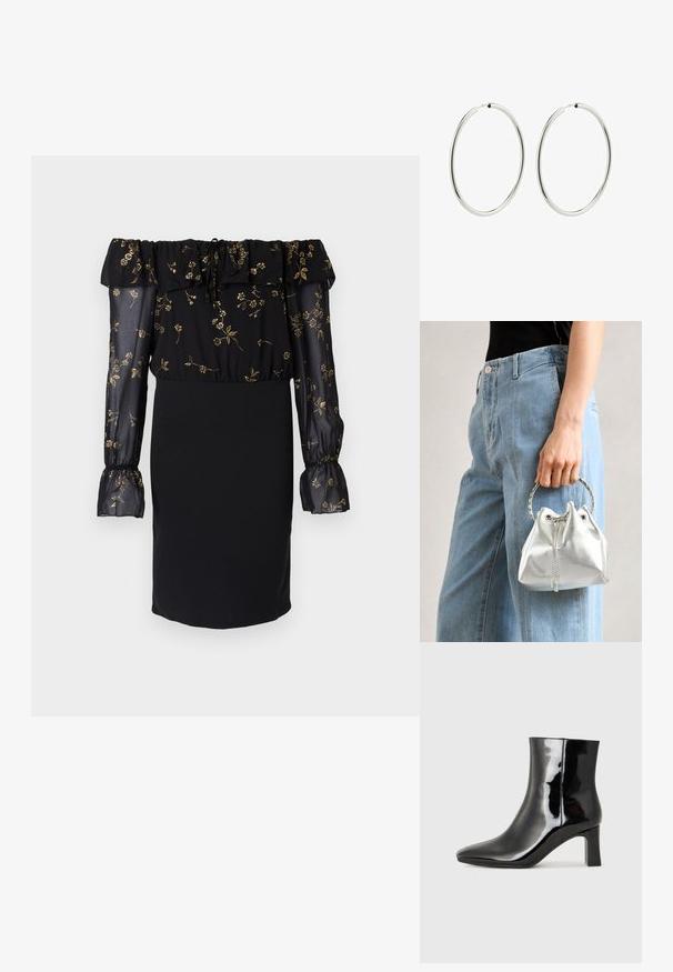 Juoda suknelė su petį paliekančiu dizainu, permatomomis gėlių raštuotomis rankovėmis ir prigludusia sijonu. Papuošta volanų akcentais.; Juodos lakuotos odinės aulinukės su smailiu pirštu ir vidutinio aukščio blokuotu kulnu. Lygus paviršius ir minimalistinis dizainas.; Metalinis sidabrinis kibirėlis su tekstūruota apdaila, papuoštas sidabriniu apvaliu rankeniu ir raišteliu, laikomas prieš šviesiai mėlynus džinsus.; Sidabriniai auskarai su lygiu, blizgiu paviršiumi. Apskritimo forma, vienodas plotis, sukurti lengvam užsegimui. Paprasti ir elegantiški.