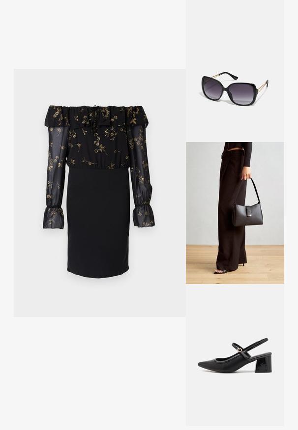 Vestido preto com um design à off-the-shoulder, mangas transparentes com padrão floral e saia justa. Detalhado com acabamentos em babados.; Sabrinas de cerâmica preta com salto bloco, bico apontado e um design com recortes arredondados. Apresenta um detalhe em fivela de tom dourado.; Óculos de sol oversized pretos com lentes degradê, armações grossas e detalhes em corrente dourada nas hastes.; Bolsa preta com forma estruturada, textura suave e um fecho metálico. Combinada com calças largas pretas e sandálias de salto aberto sobre um chão de madeira.
