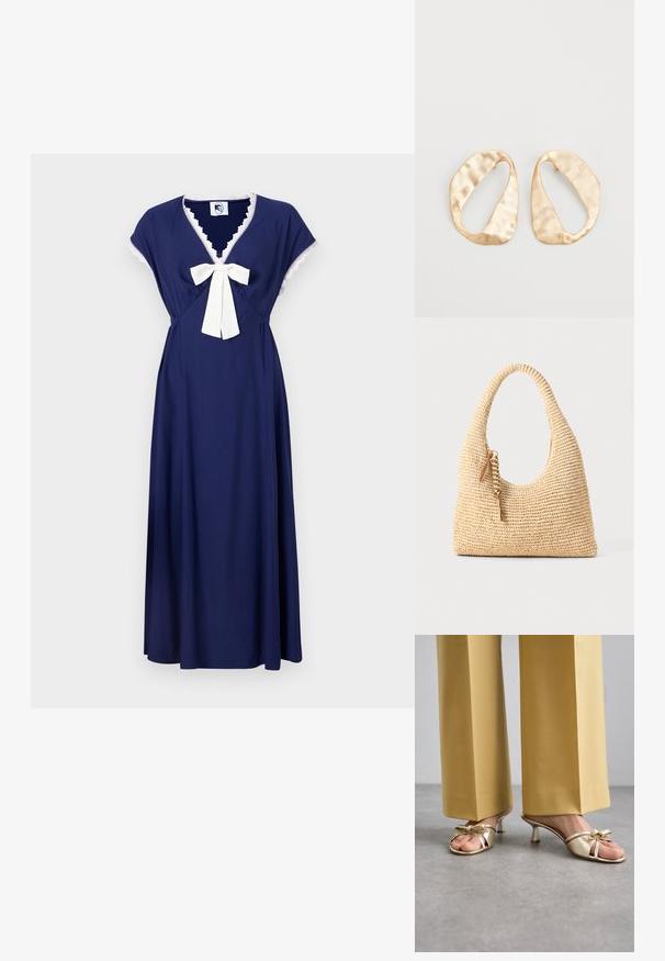 La vestido azul marino con mangas cortas tipo capa, un escote en V y un lazo color crema en la cintura, adornado con un dobladillo de encaje en el escote.; Stuart Weitzman FELICITY BOW SLIDE - Korolliset pistokkaat - platino; Kudottu vaaleanruskea käsilaukku, jossa on kaareva kahva, teksturoitu pinta ja ruskea tupsu-yksityiskohta. Ominaisuudet sisältävät rennon, hobo-muodon.; Pari epämuodostuneita soikeita kultasävyisiä metallikorvakoruja, joissa on teksturoitu, hieman hakattu pinta valkoista taustaa vasten.