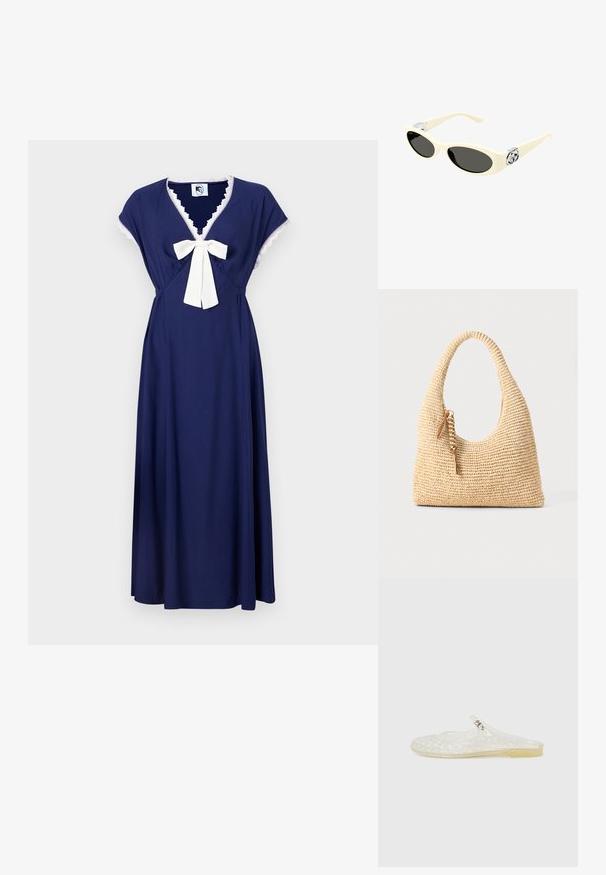 Tengerészkék ruha rövid kapucnis ujjal, V-kivágással, és egy krémszínű masnival a deréknál, csipke díszítéssel a kivágás mentén.; Átlátszó műanyag slip-on cipő rácsos mintával, lekerekített orral és egy kis ezüst díszítéssel a pánton. Rugalmas talp átlátszó színben.; Krém színű napszemüveg ovális lencsékkel, fekete árnyalattal és fémszínezésű logóval a templomoknál. Sima textúra, macskaszem forma.; Szőtt bézs kézitáska ívelt fogantyúval, textúrált felülettel és barna bojtos díszítéssel. Lazán lecsüngő, hobo stílusú forma jellemzi.