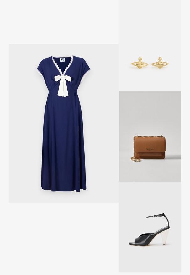 Tumši zils kleita ar īsām kapelīšu piedurknēm, V-veida dekoltē un krēmkrāsas loku jostasvietā, rotāta ar mežģīņu apdari ap dekoltē.; Melnas ādas augstpapēžu sandales ar atvērto purngali, asimetrisku dizainu, potītes siksniņu un metāla koniskām papēžiem. Virsma ir gluda.; Brūna teksturēta ādas plecu soma ar zelta ķēdes siksnu un atloka aizdari. Priekšpusē ir logotipa detaļa un kabata zem atloka.; Vivienne Westwood MINI BAS RELIEF EARRINGS - Auskari - gold-coloured