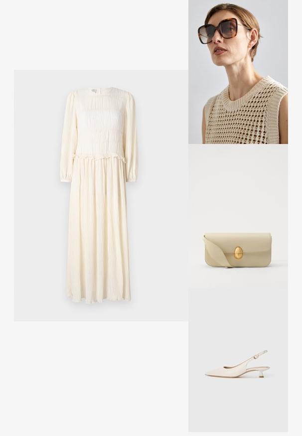 Vestido longo, de cor creme, com mangas longas, tecido texturizado, corpo franzido e bainha com volantes. Design leve e fluido.; Sapato slingback de bico fino em cor creme, com salto baixo em forma de kitten e fivela dourada, sobre fundo branco liso.; CHLOÉ Óculos de sol - brown; Bolsa de mão em pele bege com uma textura lisa, forma retangular e um fecho oval dourado. Possui uma alça longa e ajustável.