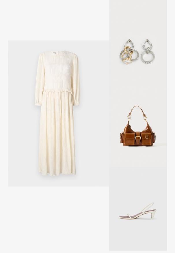 Abito lungo color crema con maniche lunghe, tessuto testurizzato, corpetto arricciato e orlo a volant. Design leggero e fluido.; Sandali slingback bianchi con un leggero tacco, sottili cinturini e una superficie in pelle liscia; presentano una piccola fibbia decorativa.; Borsa a tracolla in pelle marrone con forma curvata, hardware in tonalità oro duale, due tasche frontali e una cinghia larga. Texture liscia con una finitura elegante.; Orecchini a cerchio con anelli intrecciati in oro e argento, con un accento in zirconia cubica trasparente e una fascia texturizzata su un anello.