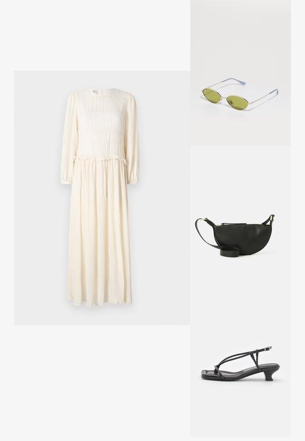 Lång, krämfärgad klänning med långa ärmar, strukturerad tyg, smockad livstycke och volang nederkant. Lätt och luftig design.; Svarta lädersandaler med tunna remmar, låg klack och fyrkantig tå. Har spänne och slät yta.; Olivgröna solglasögon med en tunn guldram och blåaccentuerade skalmar. Ovala linser och minimalistisk design.; Svart läder crossbody-väska med halvmåneform, texturerad yta, guldblixtlås och en platt rem. Kompakt design som passar för det nödvändigaste.